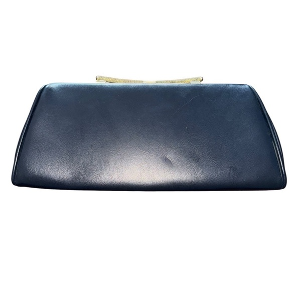 Vintage 50’s-60’s Navy Blue Trapezoid Dorris Day Clutch With Gold Hardware - Picture 3 of 8